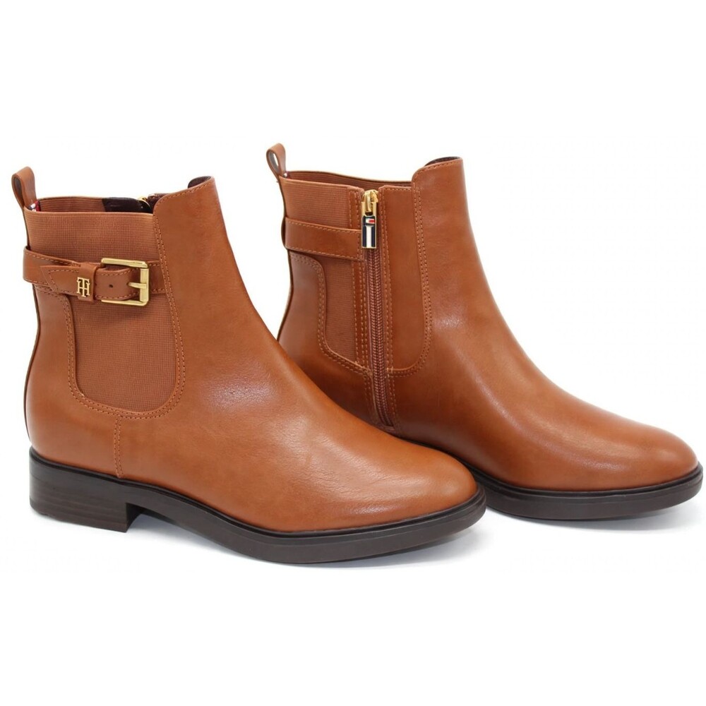 Tommy Hilfiger Womens Baylon Boots 10M Tan Cognac Gold Buckle Zip Chelsea NIB